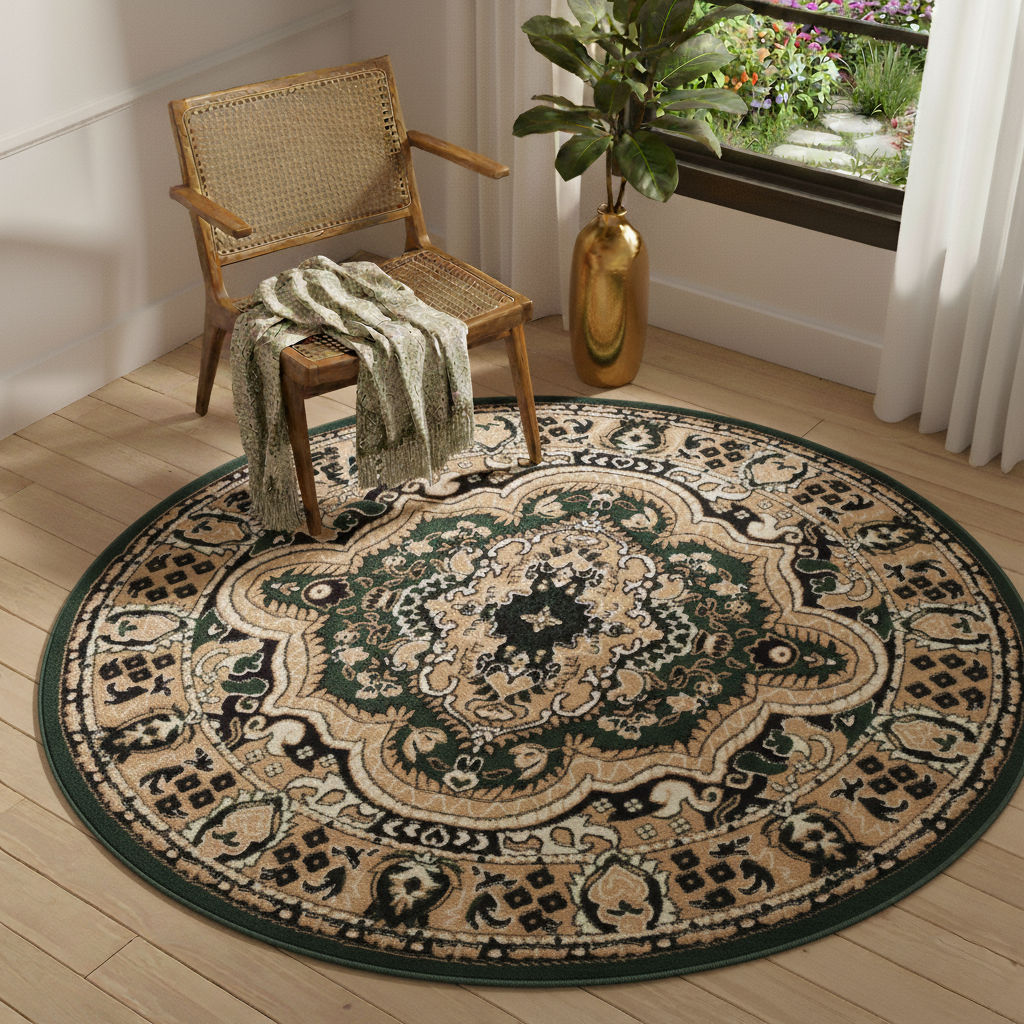 Teppich Atlas Rund Grün Beige Traditionell Medaillon