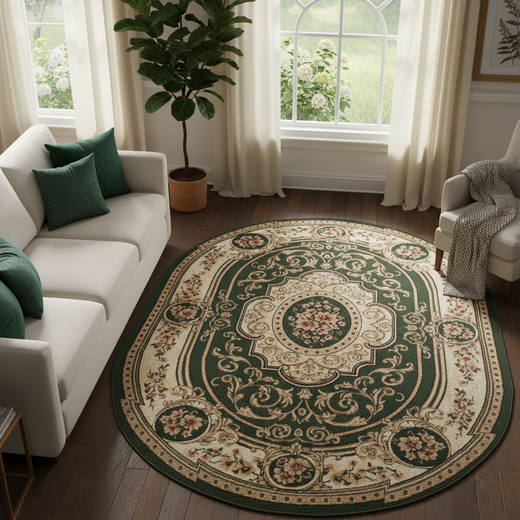 Teppich Atlas Oval Grün Creme Traditionell Medaillon