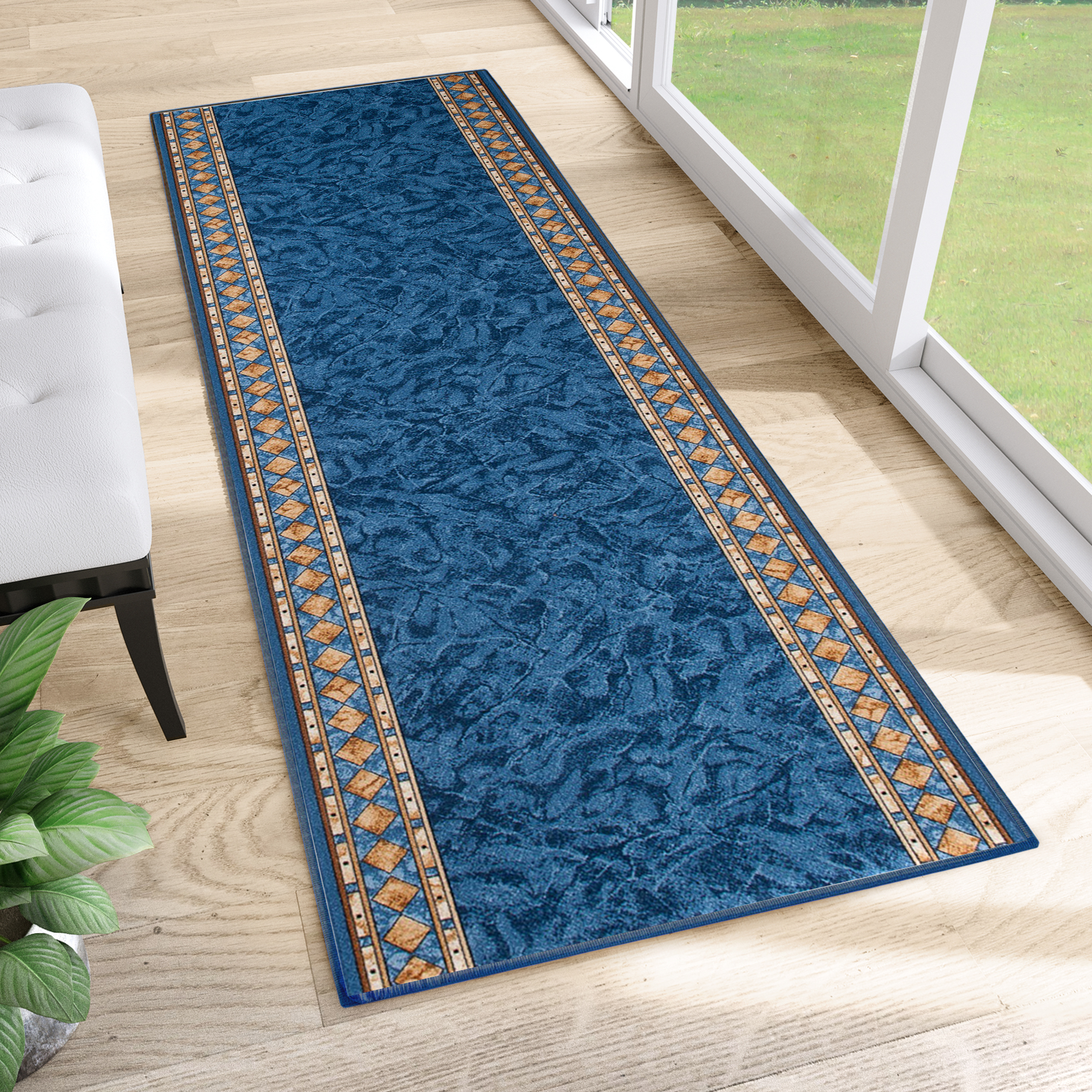 Teppichläufer Rutschfest Blau Ornament Meterware