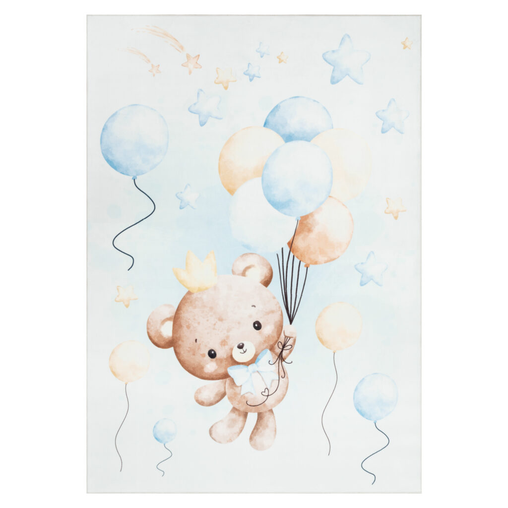 Teppich Kids Kurzflor Kinderteppich Mehrfarbig Teddybär Luftballons