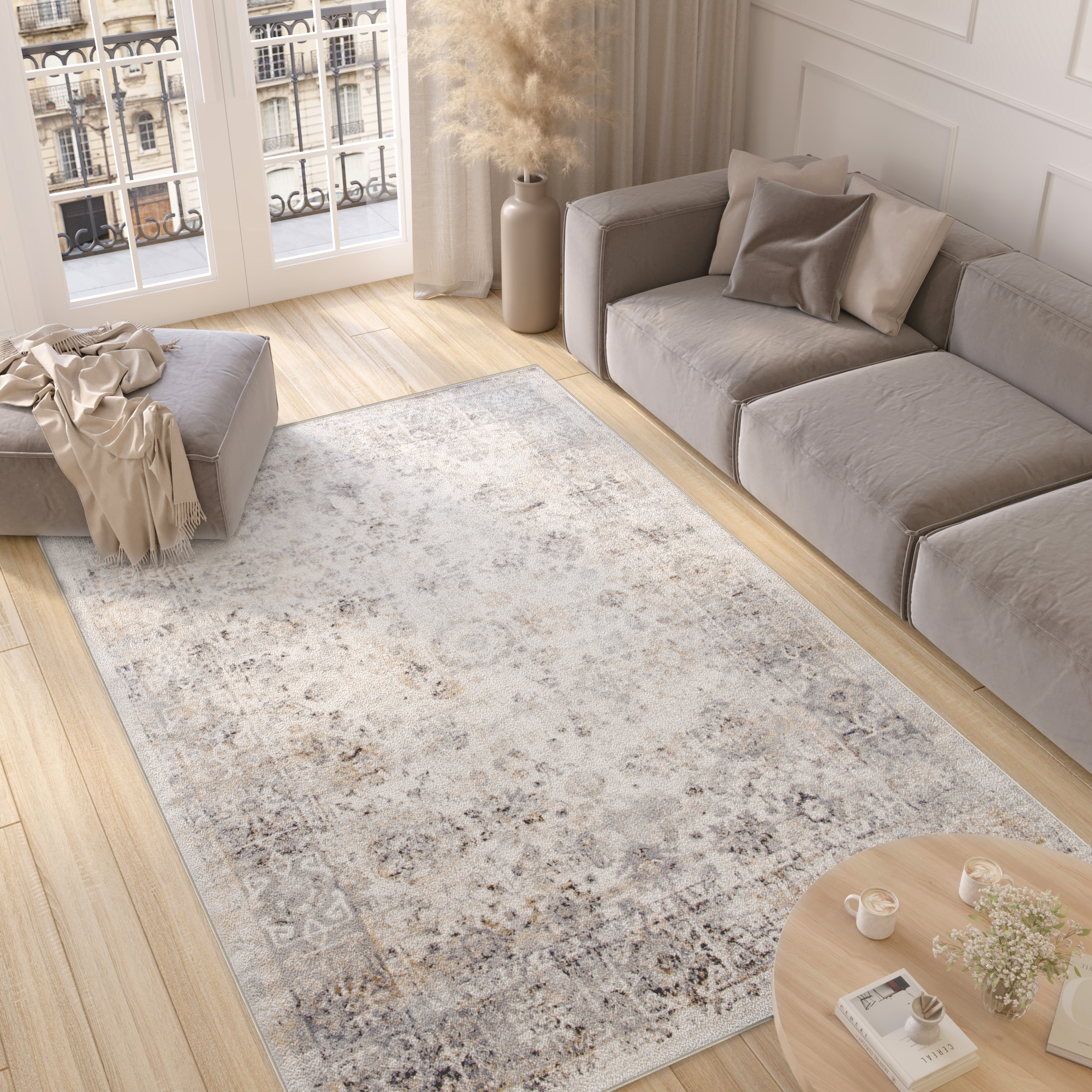 Teppich Valley Grau Beige Ornamente Rahmen