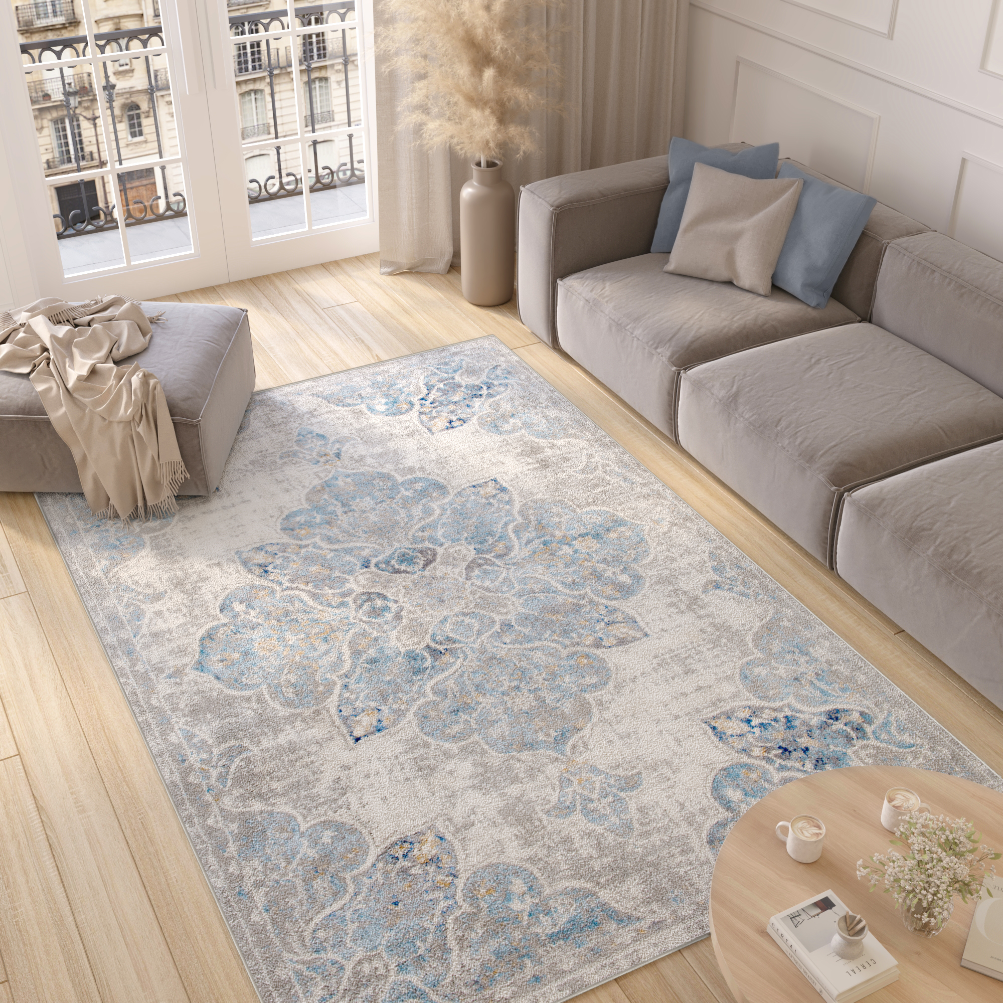 Teppich Valley Grau Blau Vintage Blumen