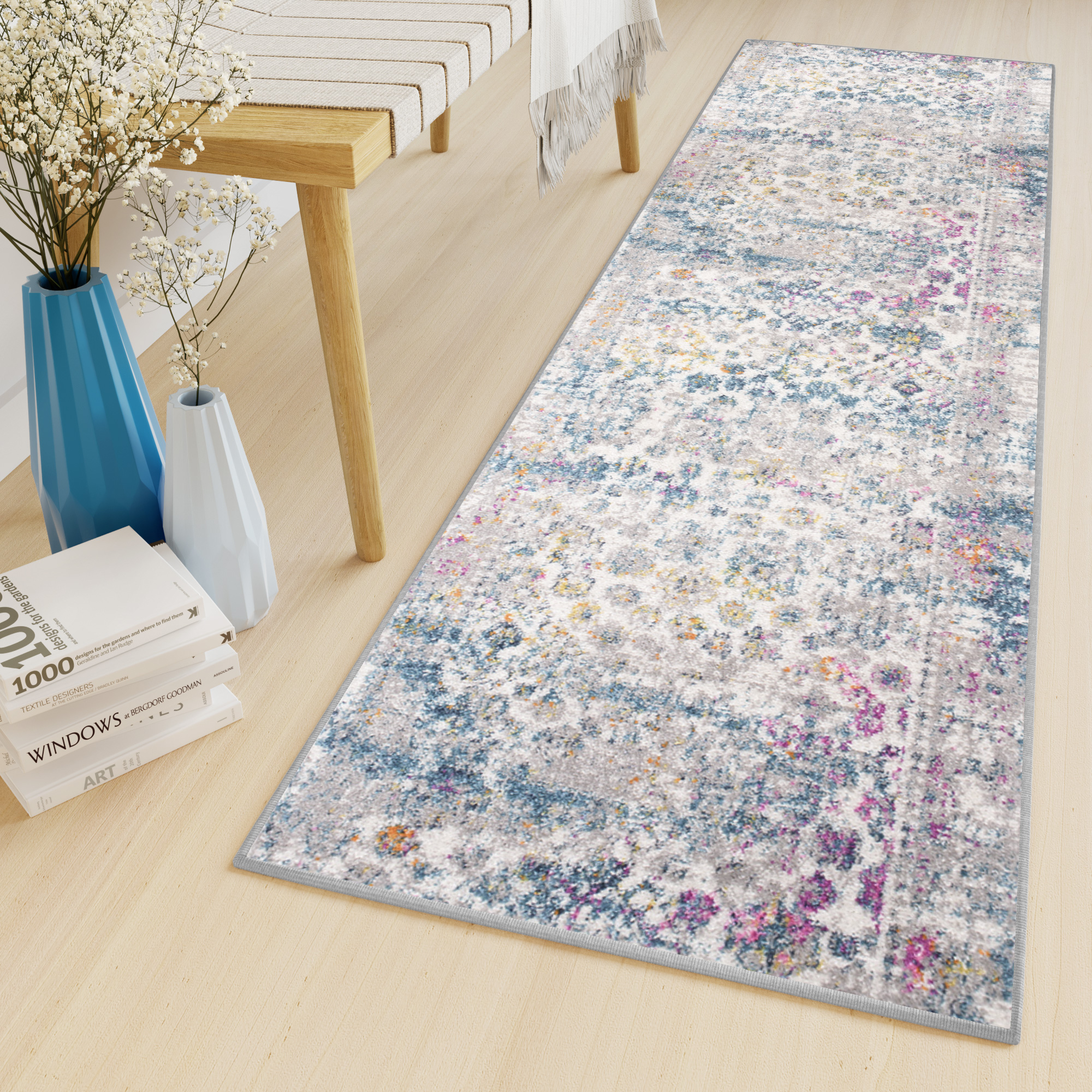 Teppichläufer Lazur Blau Grau Vintage Blumen Meterware