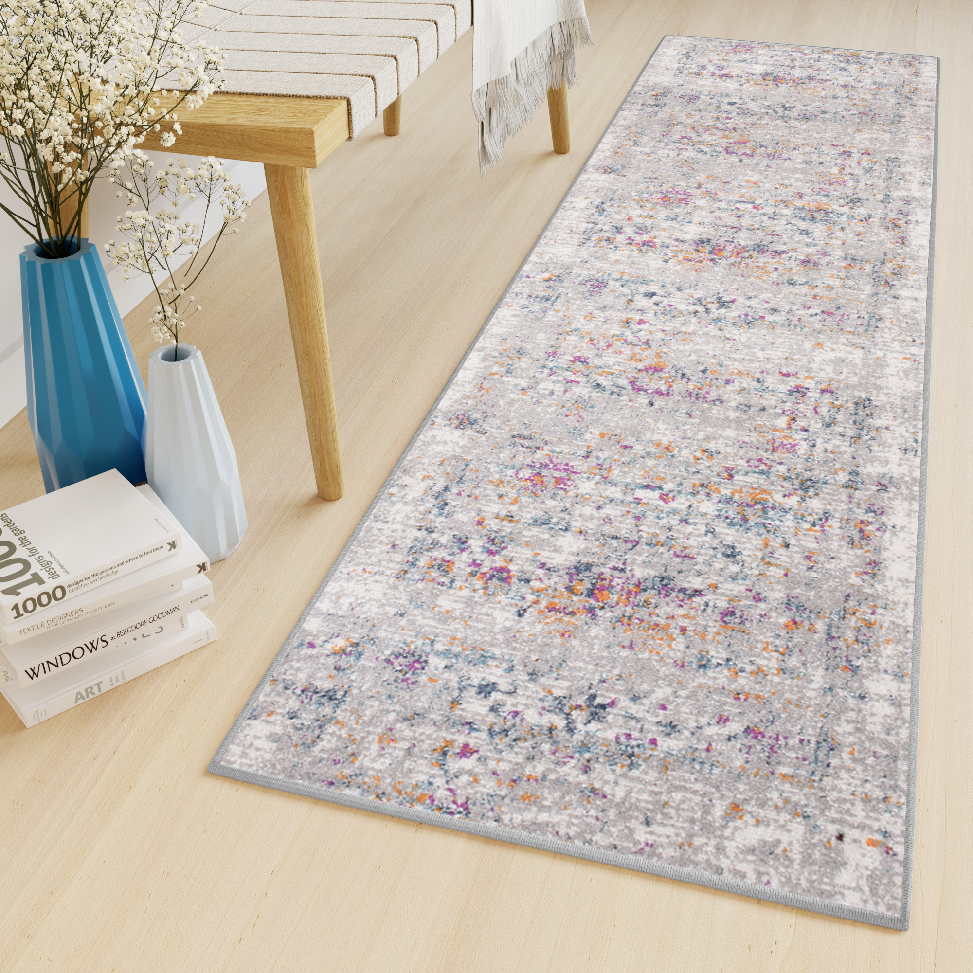 Teppichläufer Lazur Grau Vintage Blumen Rahmen Meterware