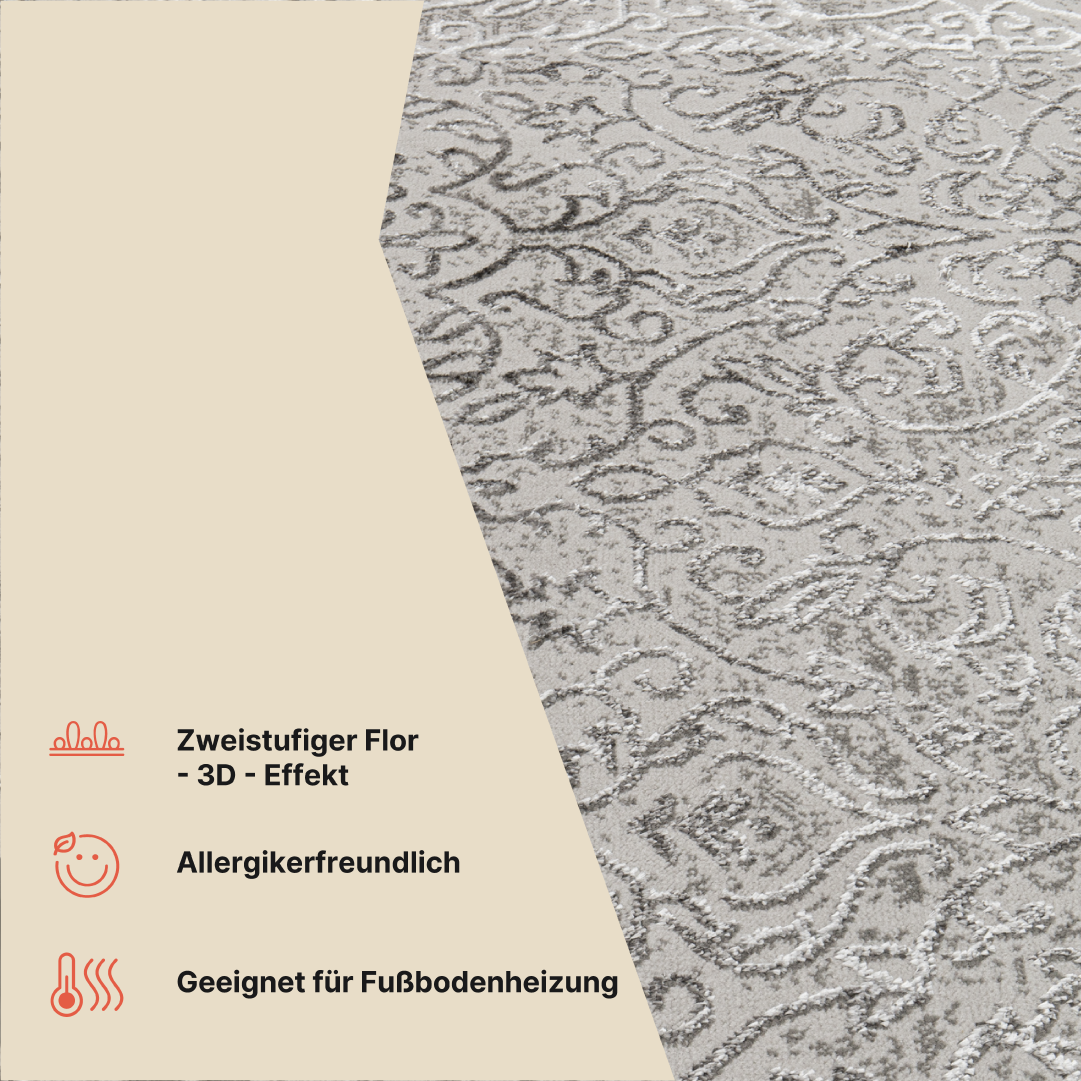 Teppich Ares Hellgrau Ornamente Vintage